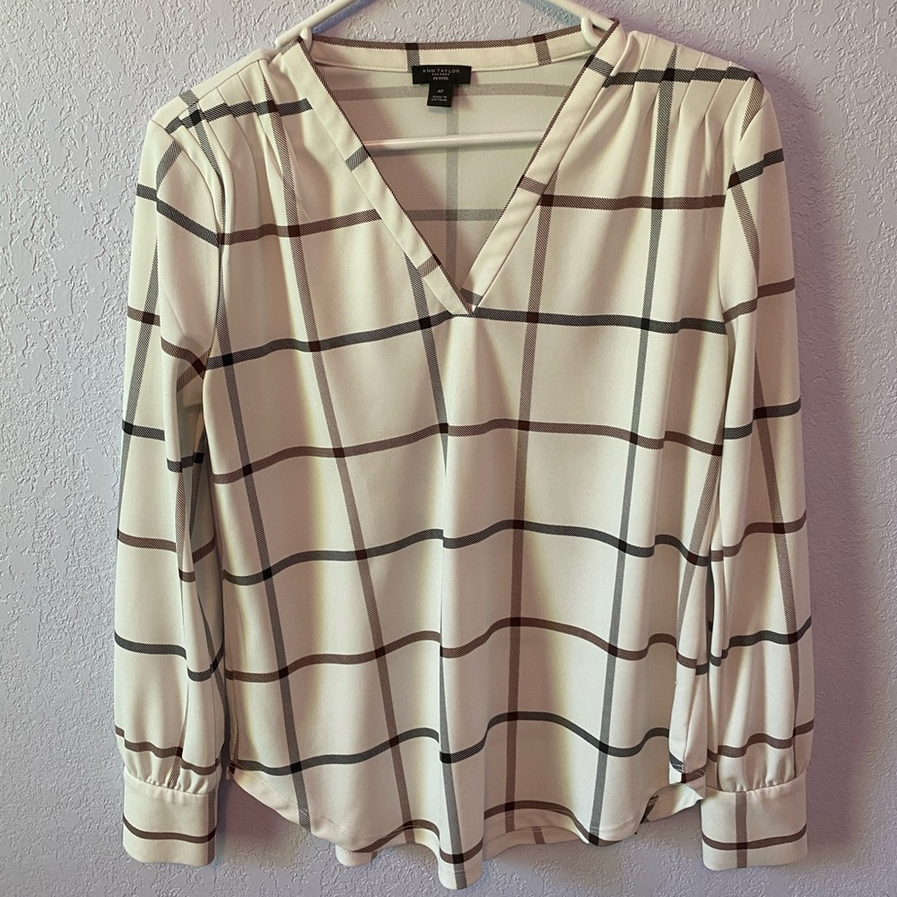 White, Burgundy, Navy Plaid Blouse